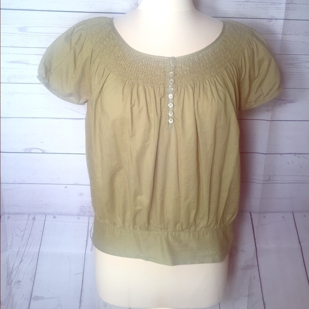 BCBG Max Green Puffed Sleeve Bohemian Tunic Blouse